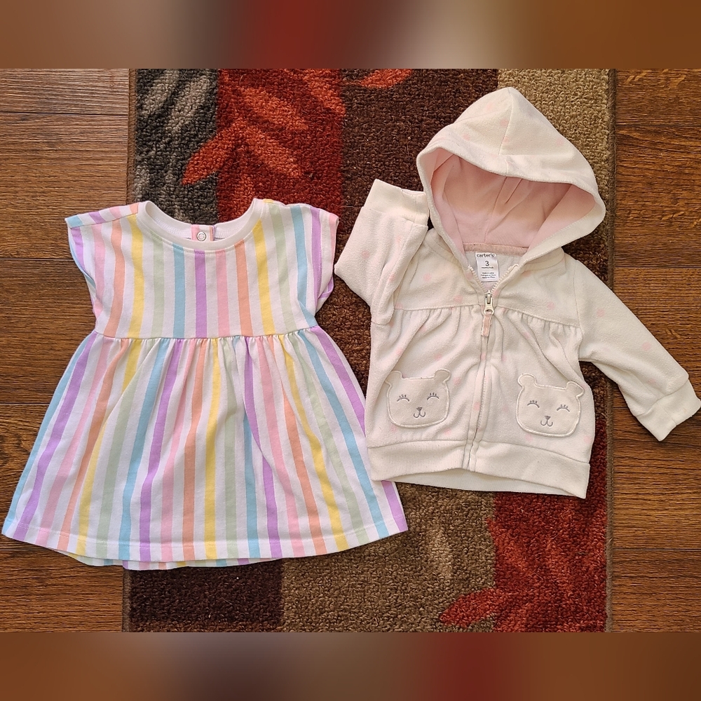 Pastel Striped Dress 6-9M and Cream Hoodie 3M Set